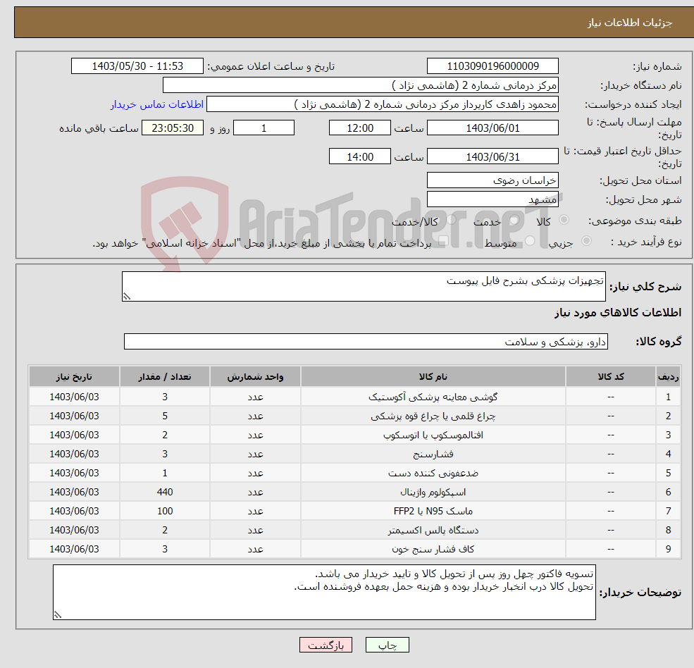 تصویر کوچک آگهی نیاز انتخاب تامین کننده-تجهیزات پزشکی بشرح فایل پیوست