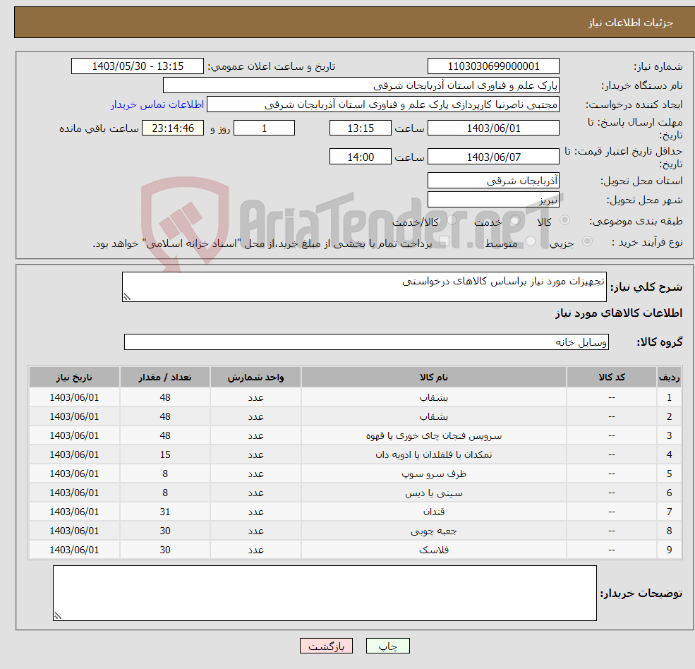 تصویر کوچک آگهی نیاز انتخاب تامین کننده-تجهیزات مورد نیاز براساس کالاهای درخواستی 