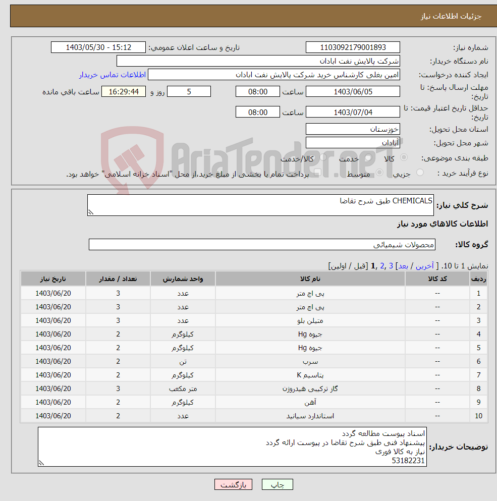 تصویر کوچک آگهی نیاز انتخاب تامین کننده-CHEMICALS طبق شرح تقاضا