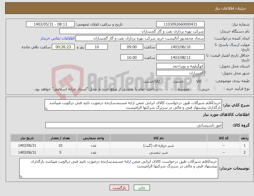 تصویر کوچک آگهی نیاز انتخاب تامین کننده-خرید2قلم شیرآلات طبق درخواست کالای ایرانی ضمن ارایه مستندسازنده درصورت تایید فنی درالویت میباشد بارگذاری پیشنهاد فنی و مالی در سربرگ شرکتها الزامیست