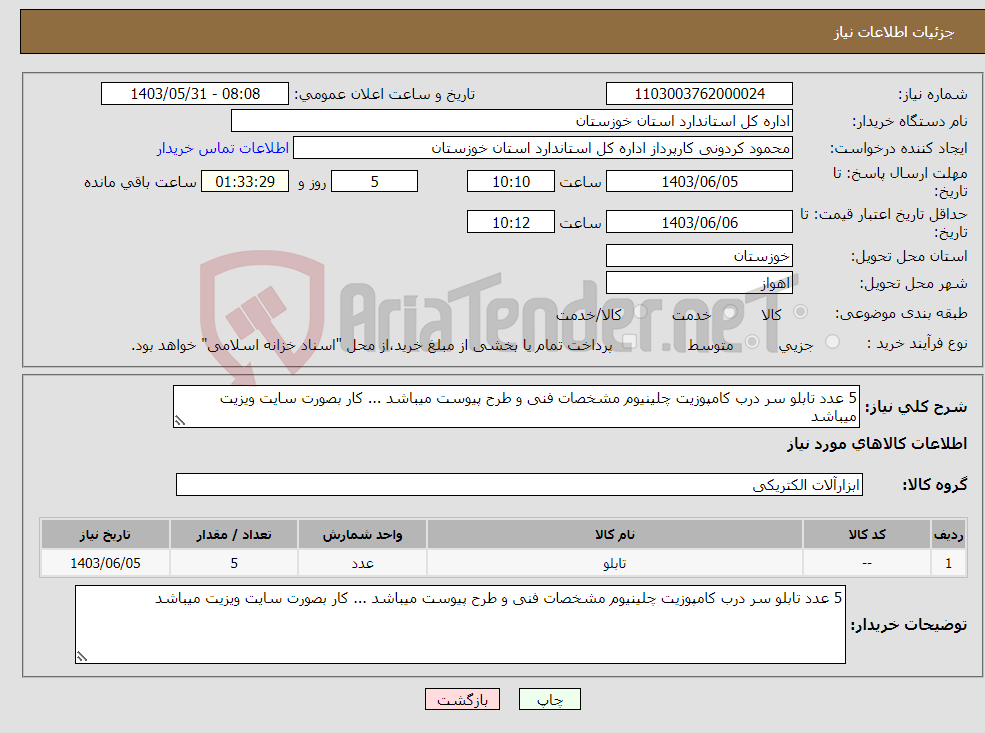 تصویر کوچک آگهی نیاز انتخاب تامین کننده-5 عدد تابلو سر درب کامپوزیت چلینیوم مشخصات فنی و طرح پیوست میباشد ... کار بصورت سایت ویزیت میباشد