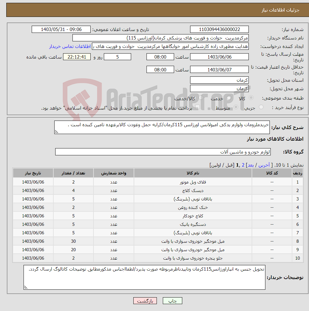 تصویر کوچک آگهی نیاز انتخاب تامین کننده-خریدملزومات ولوازم یدکی امبولانس اورژانس 115کرمان/کرایه حمل وعودت کالابرعهده تامین کننده است .