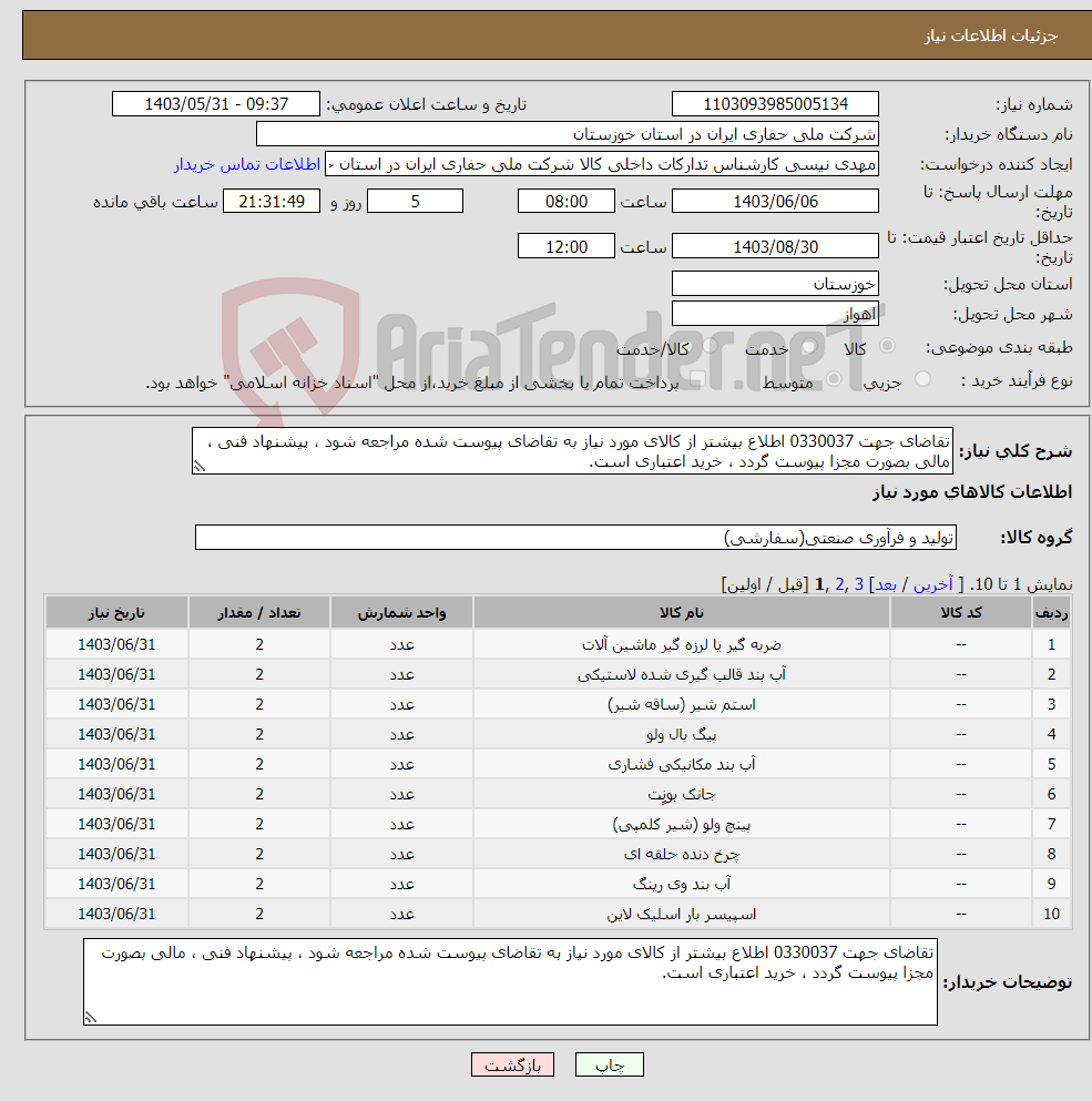 تصویر کوچک آگهی نیاز انتخاب تامین کننده-تقاضای جهت 0330037 اطلاع بیشتر از کالای مورد نیاز به تقاضای پیوست شده مراجعه شود ، پیشنهاد فنی ، مالی بصورت مجزا پیوست گردد ، خرید اعتباری است.