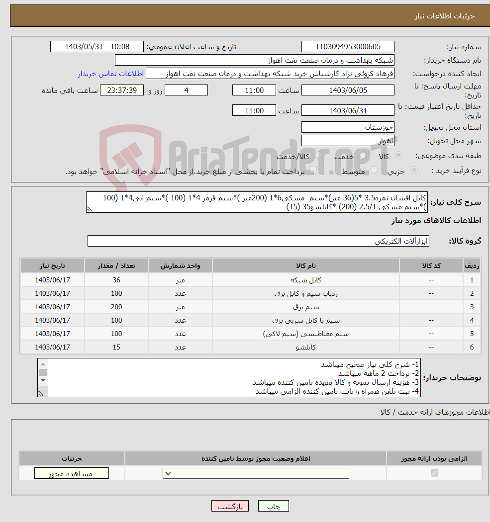 تصویر کوچک آگهی نیاز انتخاب تامین کننده-کابل افشان نمره3.5 *5(36 متر)*سیم مشکی6*1 (200متر )*سیم قرمز 4*1 (100 )*سیم ابی4*1 (100 )*سیم مشکی 2.5/1 (200) *کابلشو35 (15)