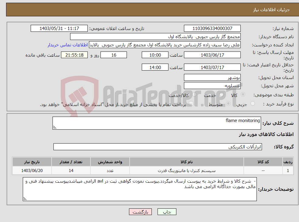 تصویر کوچک آگهی نیاز انتخاب تامین کننده-flame monitoring