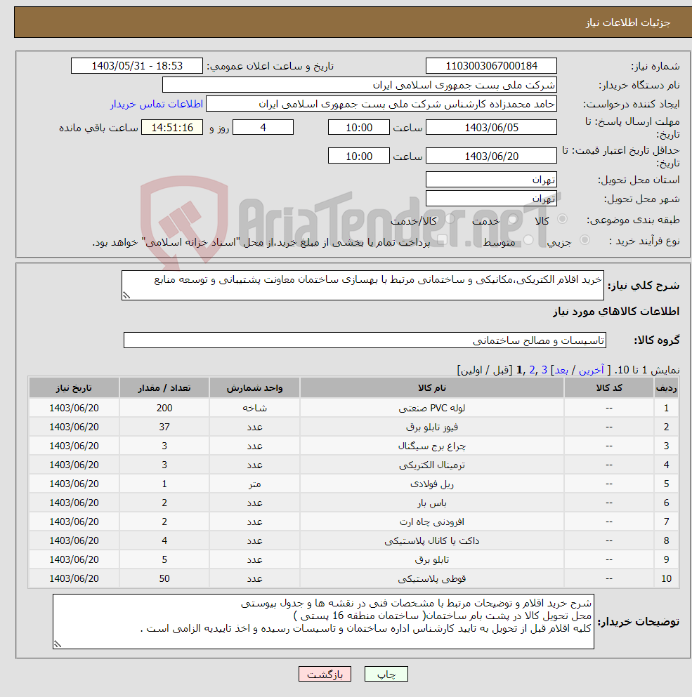 تصویر کوچک آگهی نیاز انتخاب تامین کننده-خرید اقلام الکتریکی،مکانیکی و ساختمانی مرتبط با بهسازی ساختمان معاونت پشتیبانی و توسعه منابع
