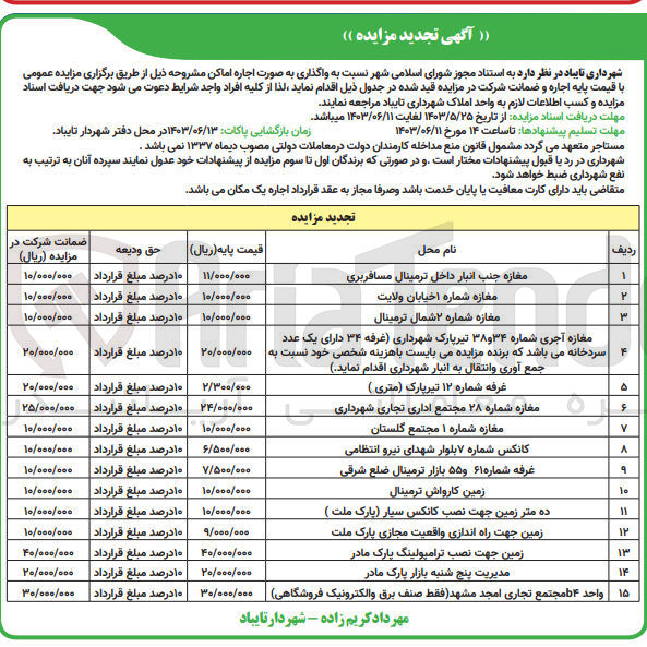 تصویر کوچک آگهی اجاره اماکن در 15 ردیف :
مغازه جنب انبار داخل ترمینال مسافربری
مغازه شماره 1 خیابان ولایت
مغازه شماره ۲ شمال ترمینال
مغازه آجری شماره ۳۴ و ۳۸ تیر پارک شهرداری
غرفه شماره ۱۲ تیرپارک (متری )
مغازه شماره ۲۸ مجتمع اداری تجاری شهرداری 
مغازه شماره ۱ مجتمع گلستان
کانکس شماره ۷ بلوار شهدای نیرو انتظامی
غرفه شماره ۶۱ و ۵۵ بازار ترمینال ضلع شرقی
زمین کارواش ترمینال
ده متر زمین جهت نصب کانکس سیار (پارک ملت) 
زمین جهت راه اندازی واقعیت مجازی پارک ملت
زمین جهت نصب ترامپولینگ پارک مادر
مدیریت پنج شنبه بازار پارک مادر
واحد b۴ مجتمع تجاری امجد مشهد (فقط صنف برق و الکترونیک فروشگاهی)