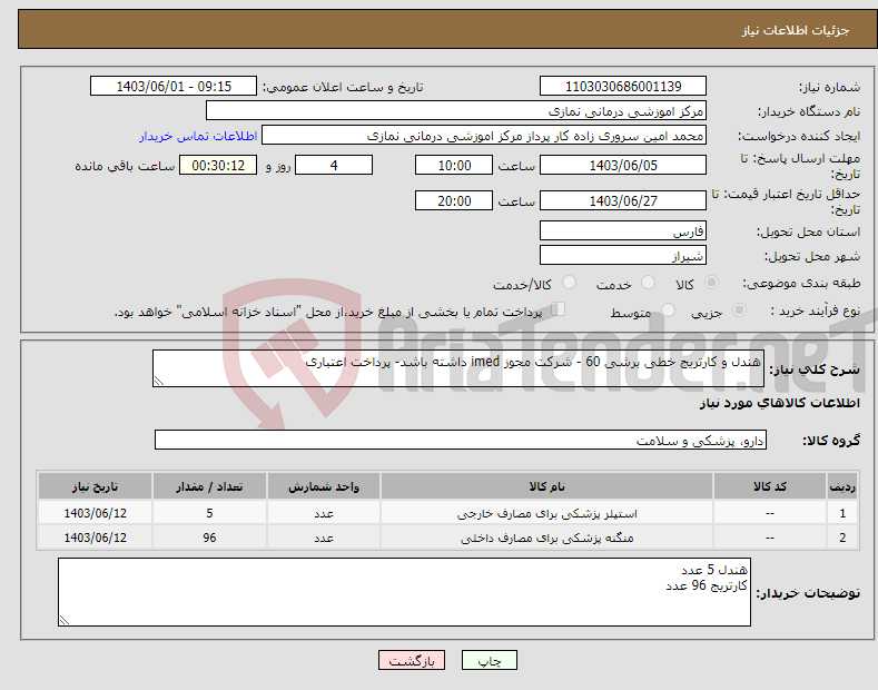 تصویر کوچک آگهی نیاز انتخاب تامین کننده-هندل و کارتریج خطی برشی 60 - شرکت مجوز imed داشته باشد- پرداخت اعتباری