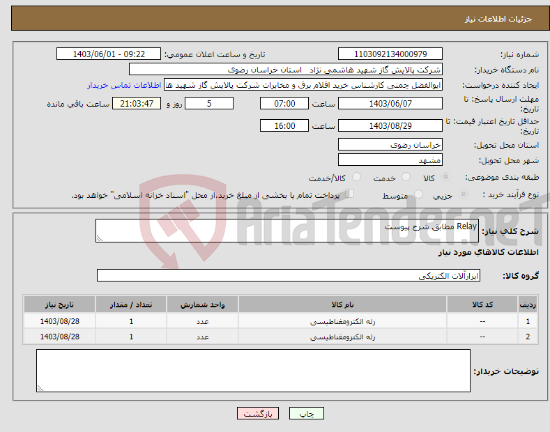 تصویر کوچک آگهی نیاز انتخاب تامین کننده-Relay مطابق شرح پیوست