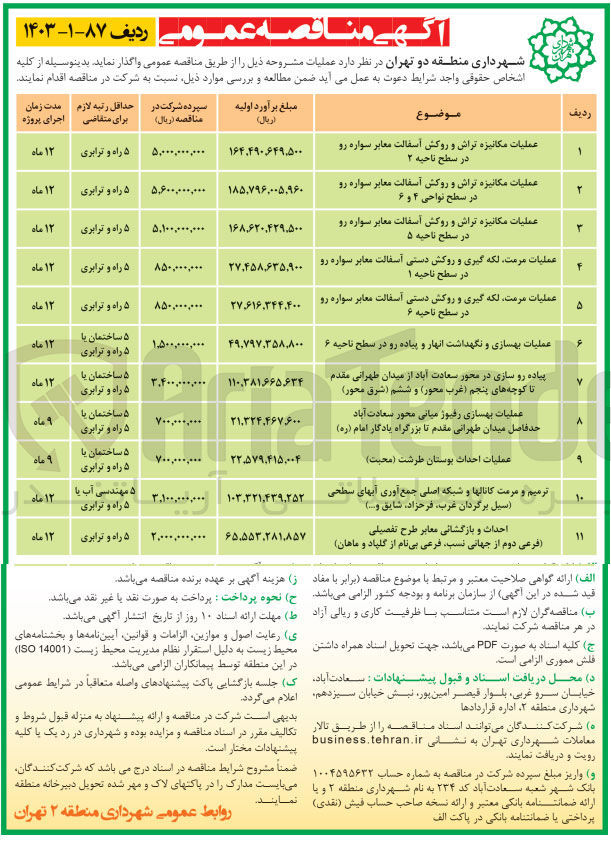 تصویر کوچک آگهی عملیات مکانیزه تراش و روکش آسفالت معابر سواره رو در سطح ناحیه ۵
