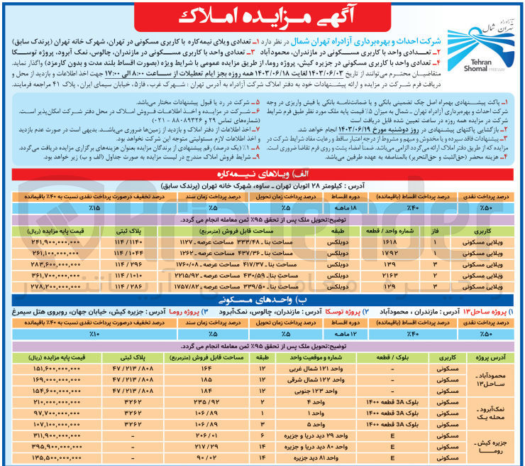 تصویر کوچک آگهی فروش :
تعدادی ویلای نیمه کاره با کاربری مسکونی در تهران 
 تعدادی واحد با کاربری مسکونی در مازندران محمودآباد 
تعدادی واحد با کاربری مسکونی در مازندران چالوس نمک آبرود
تعدادی واحد با کاربری مسکونی در جزیره کیش