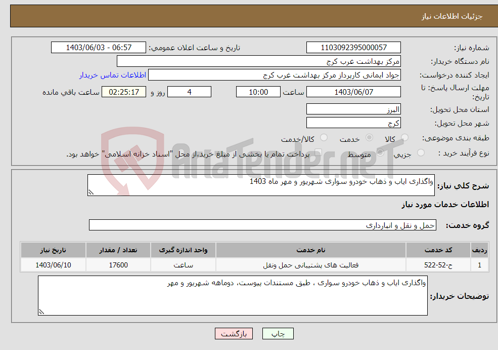 تصویر کوچک آگهی نیاز انتخاب تامین کننده-واگذاری ایاب و ذهاب خودرو سواری شهریور و مهر ماه 1403