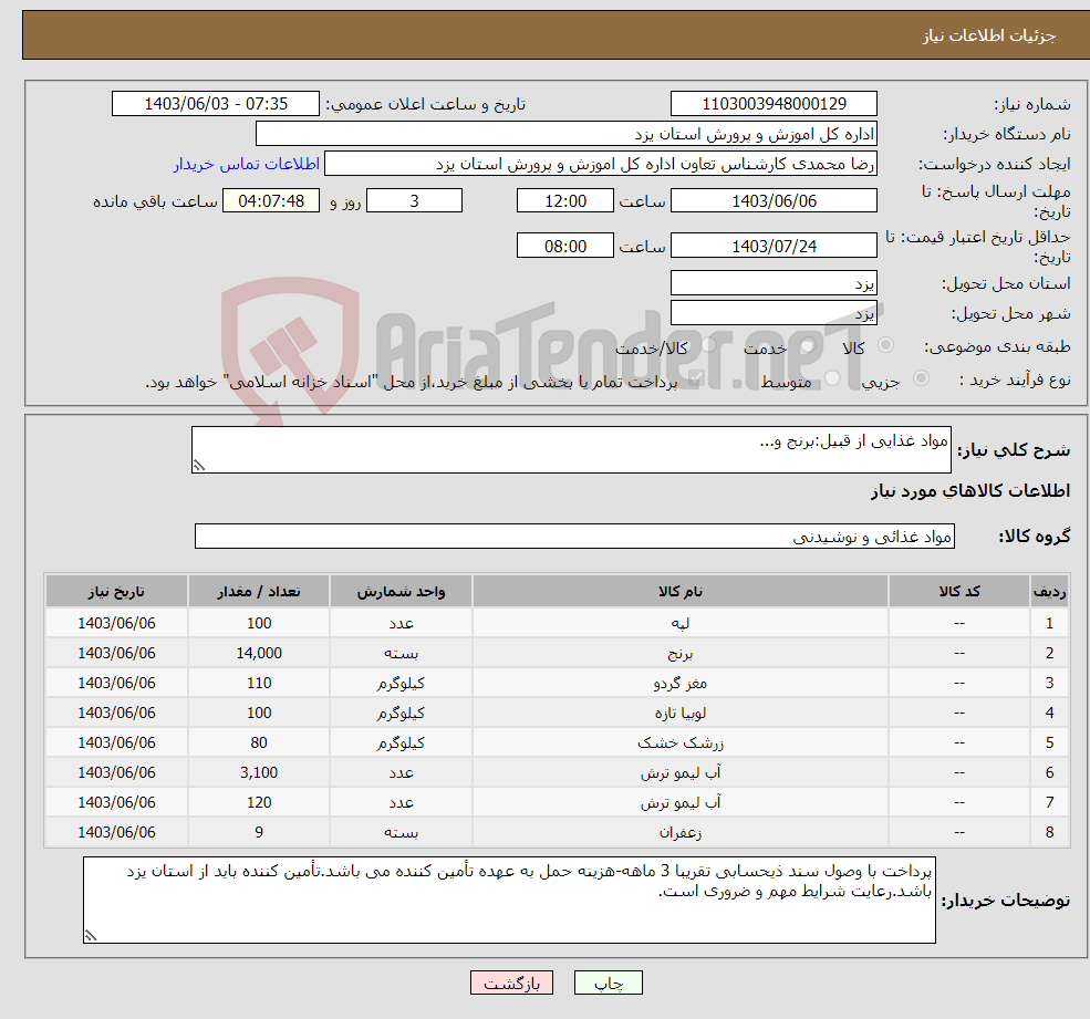 تصویر کوچک آگهی نیاز انتخاب تامین کننده-مواد غذایی از قبیل:برنج و...