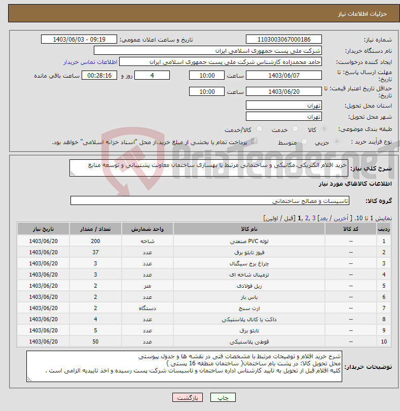 تصویر کوچک آگهی نیاز انتخاب تامین کننده-خرید اقلام الکتریکی،مکانیکی و ساختمانی مرتبط با بهسازی ساختمان معاونت پشتیبانی و توسعه منابع