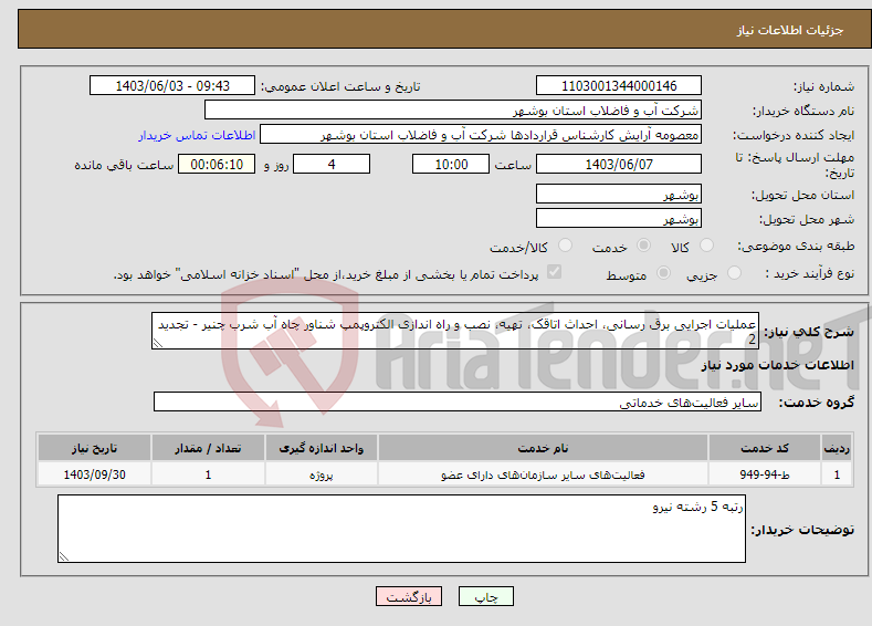 تصویر کوچک آگهی نیاز انتخاب تامین کننده-عملیات اجرایی برق رسانی، احداث اتاقک، تهیه، نصب و راه اندازی الکتروپمپ شناور چاه آب شرب چنیر - تجدید 2