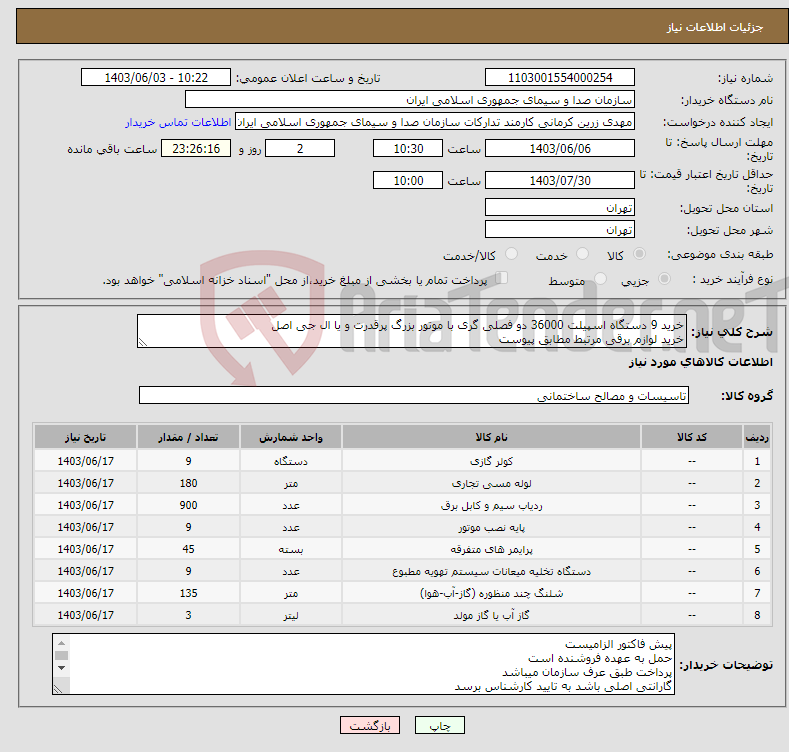 تصویر کوچک آگهی نیاز انتخاب تامین کننده-خرید 9 دستگاه اسپیلت 36000 دو فصلی گری با موتور بزرگ پرقدرت و یا ال جی اصل خرید لوازم برقی مرتبط مطابق پیوست