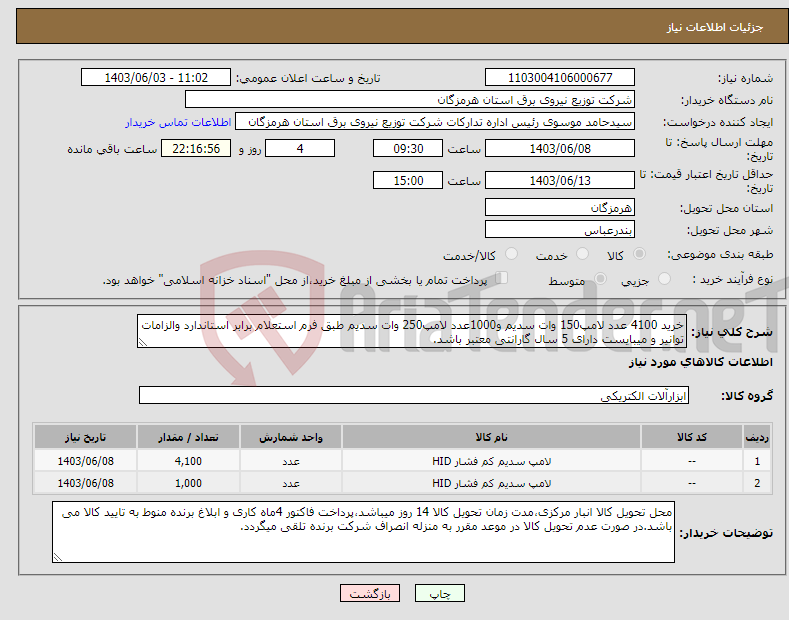 تصویر کوچک آگهی نیاز انتخاب تامین کننده-خرید 4100 عدد لامپ150 وات سدیم و1000عدد لامپ250 وات سدیم طبق فرم استعلام برابر استاندارد والزامات توانیر و میبایست دارای 5 سال گارانتی معتبر باشد.