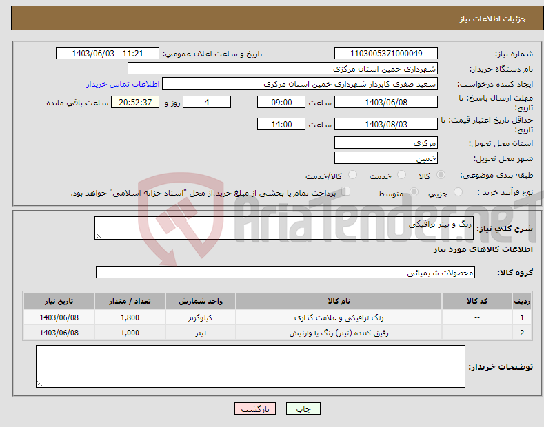 تصویر کوچک آگهی نیاز انتخاب تامین کننده-رنگ و تینر ترافیکی