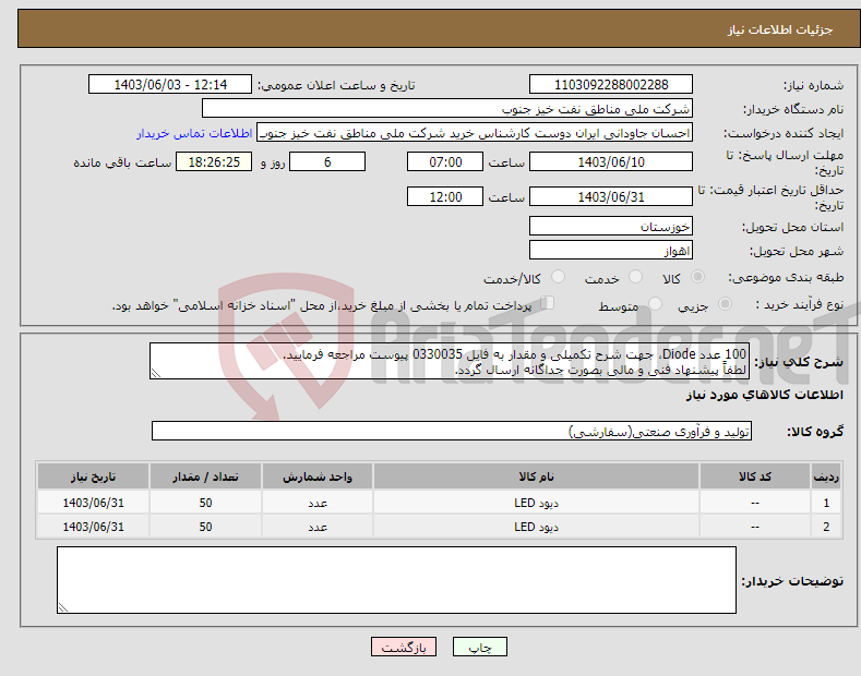 تصویر کوچک آگهی نیاز انتخاب تامین کننده-100 عدد Diode، جهت شرح تکمیلی و مقدار به فایل 0330035 پیوست مراجعه فرمایید. لطفاً پیشنهاد فنی و مالی بصورت جداگانه ارسال گردد.