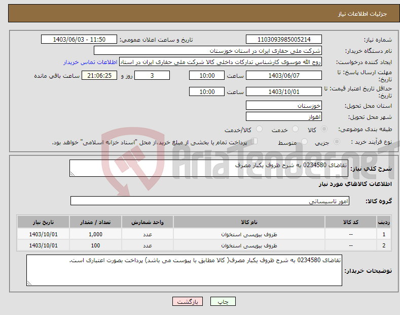 تصویر کوچک آگهی نیاز انتخاب تامین کننده-تقاضای 0234580 به شرح ظروف یکبار مصرف