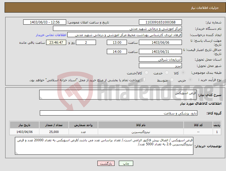 تصویر کوچک آگهی نیاز انتخاب تامین کننده-قرص اسویکس