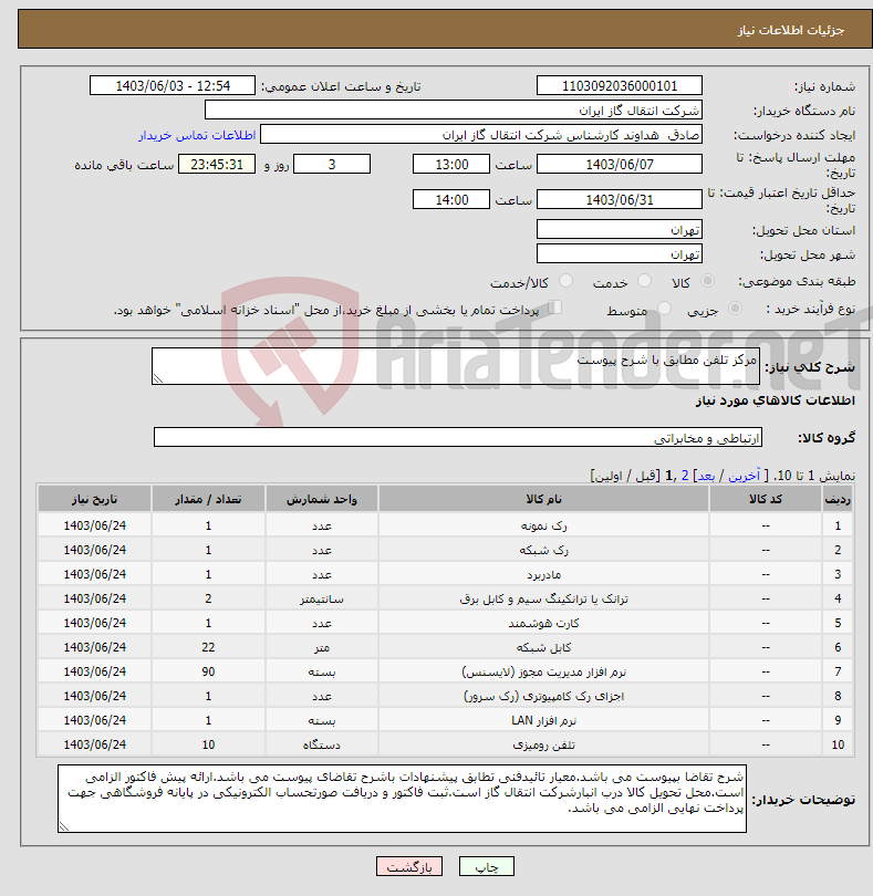 تصویر کوچک آگهی نیاز انتخاب تامین کننده-مرکز تلفن مطابق با شرح پیوست