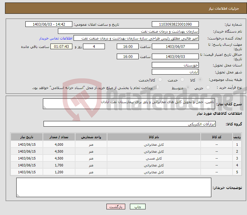 تصویر کوچک آگهی نیاز انتخاب تامین کننده-تامین، حمل و تحویل کابل های مخابراتی و پاور برای بیمارستان نفت آبادان