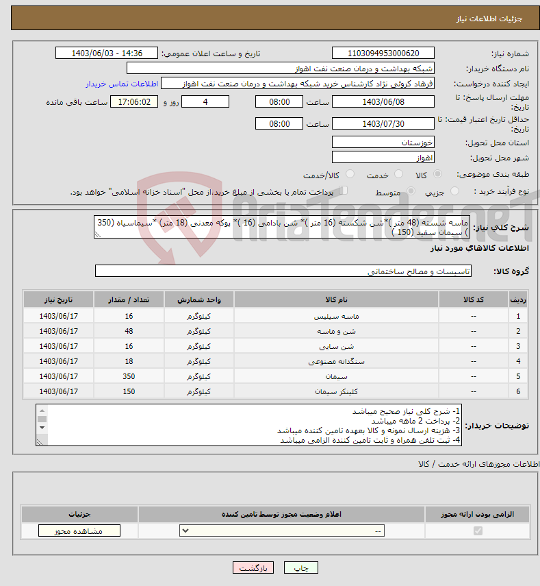 تصویر کوچک آگهی نیاز انتخاب تامین کننده-ماسه شسته (48 متر )*شن شکسته (16 متر )* شن بادامی (16 )* پوکه معدنی (18 متر) *سیماسیاه (350 ) سیمان سفید (150 )