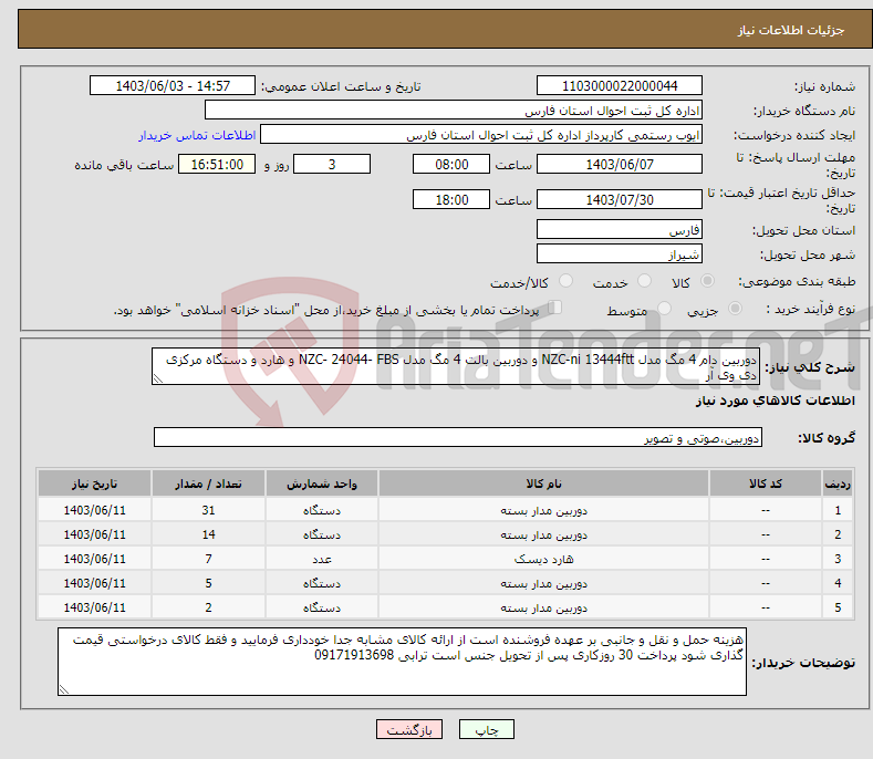 تصویر کوچک آگهی نیاز انتخاب تامین کننده-دوربین دام 4 مگ مدل NZC-ni 13444ftt و دوربین بالت 4 مگ مدل NZC- 24044- FBS و هارد و دستگاه مرکزی دی وی آر