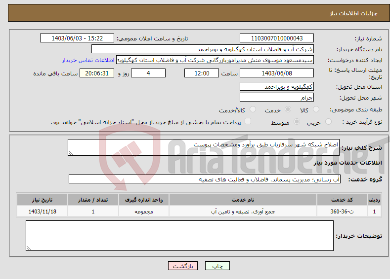 تصویر کوچک آگهی نیاز انتخاب تامین کننده-اصلاح شبکه شهر سرفاریاب طبق برآورد ومشخصات پیوست