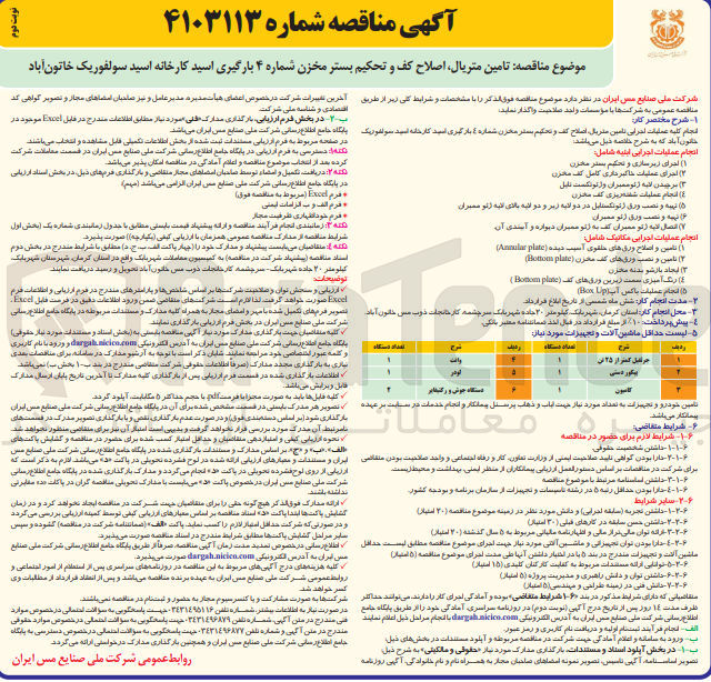 تصویر کوچک آگهی تامین متریال ،اصلاح کف و تحکیم بستر مخزن شماره 4 بارگیری اسید کارخانه اسید سولفوریک خاتون آباد 