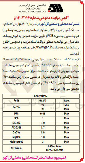 تصویر کوچک آگهی فروش 140 هزارتن کنسانتره سنگ آهن با عیار 66،5 درصد 