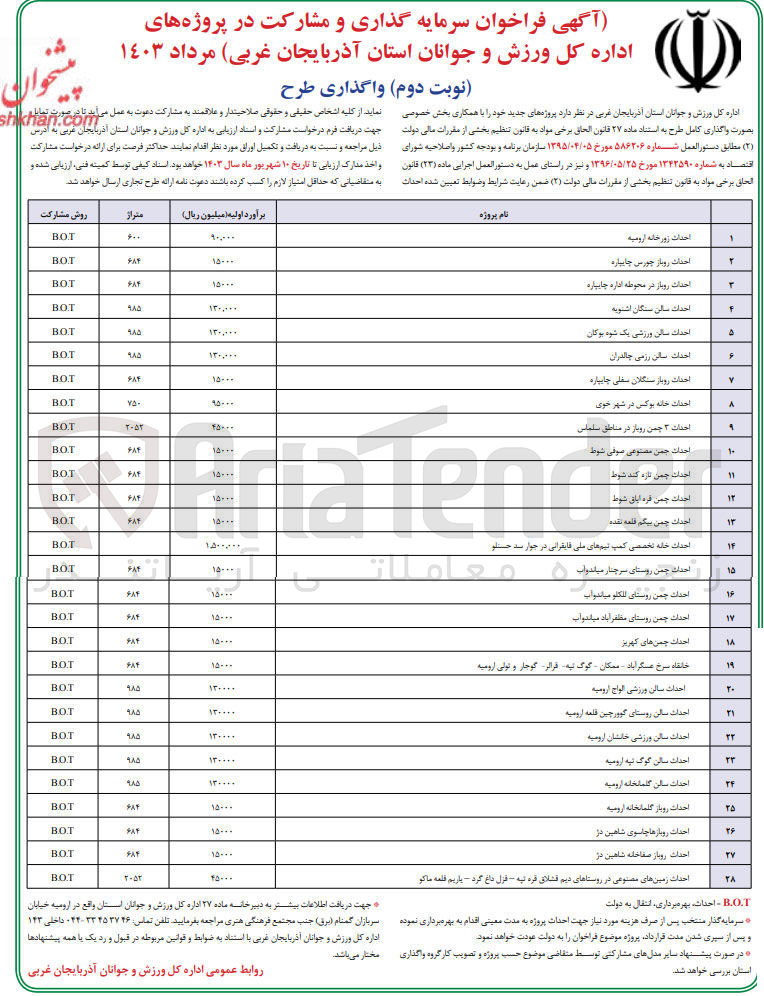 تصویر کوچک آگهی واگذاری کامل طرح پروژه های خود :
احداث زورخانه ارومیه 
احداث روباز چورس چایپاره
 احداث روباز در محوطه اداره چایپاره
احداث سالن سنگان اشنویه
 احداث سالن ورزشی یک شوه بوکان
احداث سالن رزمی چالدران
 احداث روباز سنگلان سفلی چایپاره
احداث خانه بوکس در شهر خوی 
احداث ۳ چمن روباز در مناطق سلماس 
احداث چمن مصنوعی صوفی شوط
احداث چمن تازه کند شوط
احداث چمن فره ایاق شوط
احداث چمن بیگم قلعه نقده
احداث خانه تخصصی کمپ تیم های ملی قایقرانی در جوار سند حسنلو
احداث چمن روستای سرچنار میاندوآب
احداث چمن روستای للکلو میاندوآب 
احداث چمن روستای مظفر آباد میاندوآب
احداث چمن های کهریز خانقاه سرخ عسگرآباد - ممکان - گوگ تپه قرالر گوجار و تولی ارومیه
احداث سالن ورزشی الواج ارومیه
احداث سالن روستای گورچین قلعه ارومیه
احداث سالن ورزشی خانشان ارومیه
احداث سالن گوگ تپه ارومیه
احداث سالن گلمانخانه ارومیه
احداث روباز گلمانخانه ارومیه
احداث روبازها چاسوی شاهین دژ
احداث روباز صفاخانه شاهین دژ
احداث زمین های مصنوعی در روستاهای دیم قشلاق قره تپه - قزل داغ گرد - یاریم قلعه ماکو
احداث بهره برداری انتقال به دولت