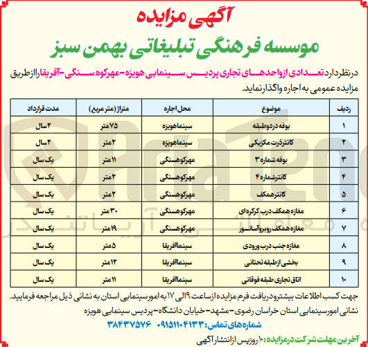 تصویر کوچک آگهی اجاره تعدادی از واحدهای تجاری پردیس سینمایی هویزه - مهرکوه سنگی - آفریقا 