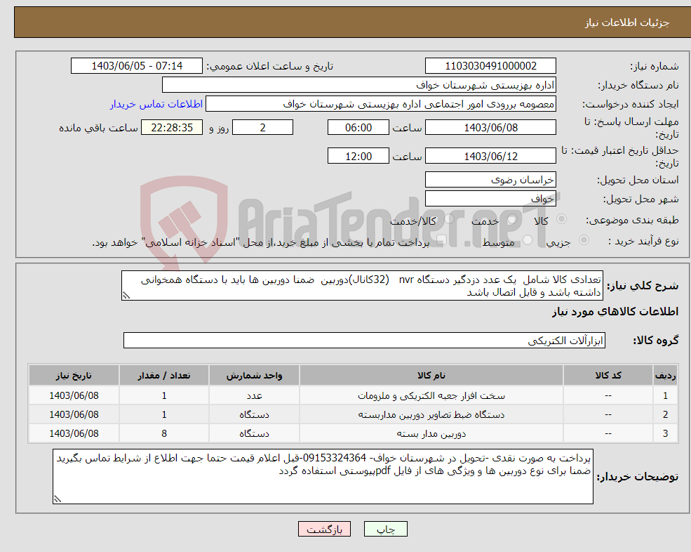 تصویر کوچک آگهی نیاز انتخاب تامین کننده-تعدادی کالا شامل یک عدد دزدگیر دستگاه nvr (32کانال)دوربین ضمنا دوربین ها باید با دستگاه همخوانی داشته باشد و قابل اتصال باشد 