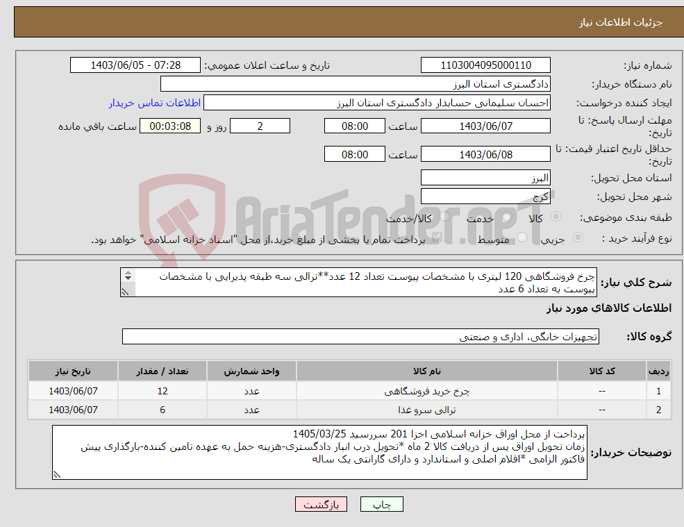 تصویر کوچک آگهی نیاز انتخاب تامین کننده-چرخ فروشگاهی 120 لیتری با مشخصات پیوست تعداد 12 عدد**ترالی سه طبقه پذیرایی با مشخصات پیوست به تعداد 6 عدد *پرداخت اخزا 201 *