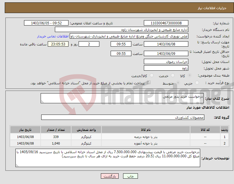 تصویر کوچک آگهی نیاز انتخاب تامین کننده-درخواست خرید بذور مرتعی