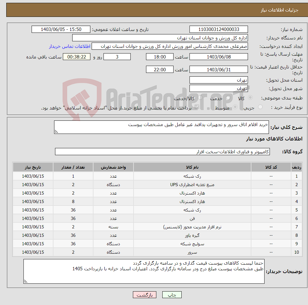 تصویر کوچک آگهی نیاز انتخاب تامین کننده-خرید اقلام اتاق سرور و تجهیزات پدافند غیر عامل طبق مشخصات پیوست