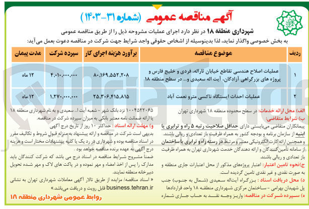 تصویر کوچک آگهی عملیات اصلاح هندسی تقاطع خیابان ثاراله،فردی و خلیج فارس و پروژه های بزرگراهی آزادگان ،آیت اله سعیدی و... در سطح منطقه 18