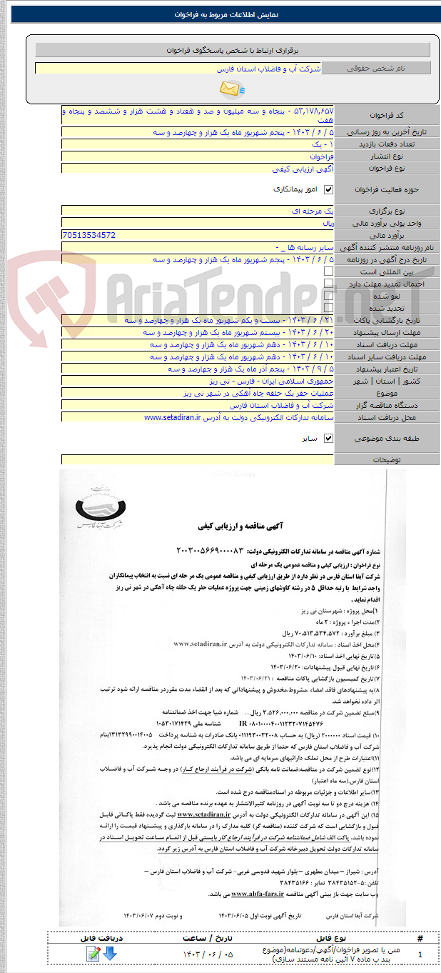تصویر کوچک آگهی عملیات حفر یک حلقه چاه آهکی در شهر نی ریز