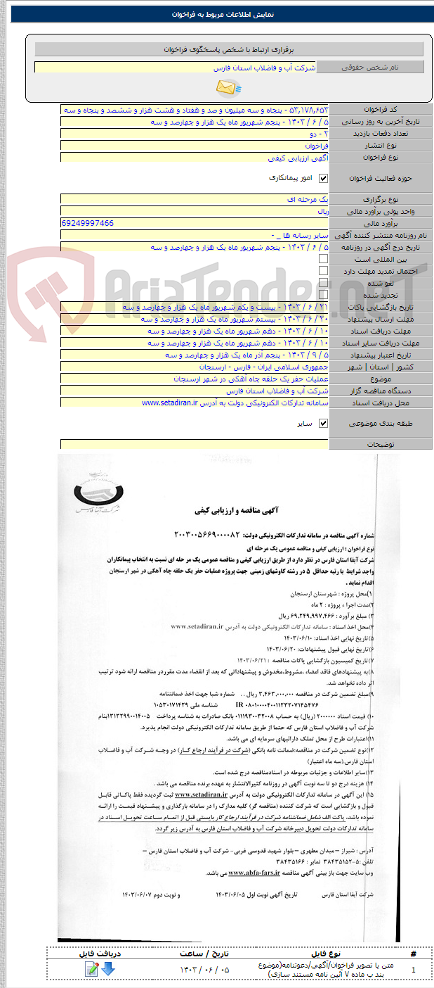 تصویر کوچک آگهی عملیات حفر یک حلقه چاه آهکی در شهر ارسنجان