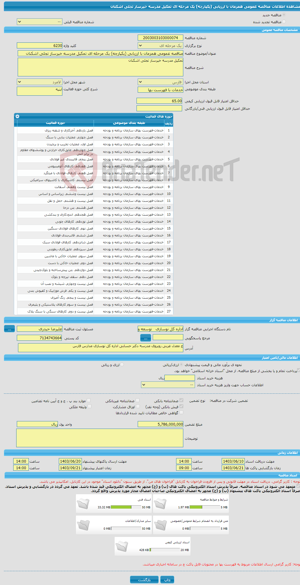 تصویر کوچک آگهی مناقصه عمومی همزمان با ارزیابی (یکپارچه) یک مرحله ای تمکیل مدرسه خیرساز تجلی اشکنان