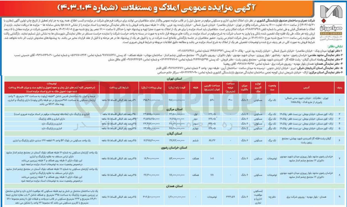 تصویر کوچک آگهی فروش  املاک تجاری اداری و مسکونی  در 9 ردیف در استان های تهران - مرکزی - گیلان - خراسان رضوی - همدان