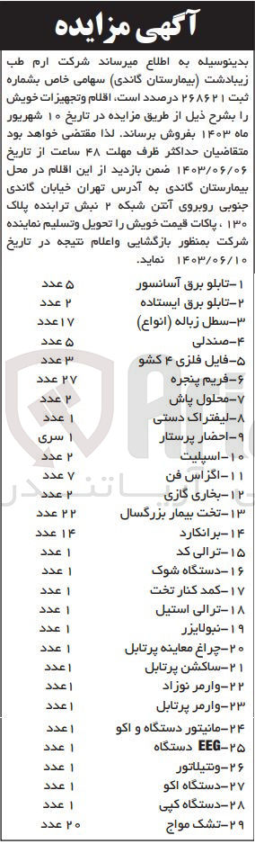 تصویر کوچک آگهی فروش اقلام و تجهیزات خود :
تابلو برق آسانسور
 تابلو برق ایستاده 
 سطل زباله (انواع)
صندلی
فایل فلزی 4 کشو
فریم پنجره
محلول پاش
لیفتراک دستی
احضار پرستار
اسپلیت 
اگزاس فن 
بخاری گازی
 تخت بیمار بزرگسال
برانکارد
ترالی کد
دستگاه شوک
کمد کنار تخت
و ...