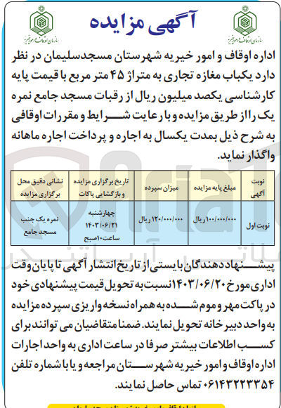 تصویر کوچک آگهی اجاره یکباب مغازه تجاری به متراژ ۴۵ متر مربع