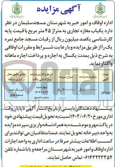 تصویر کوچک آگهی واگذاری یک باب مغازه تجاری به متراژ 45 مترمربع 