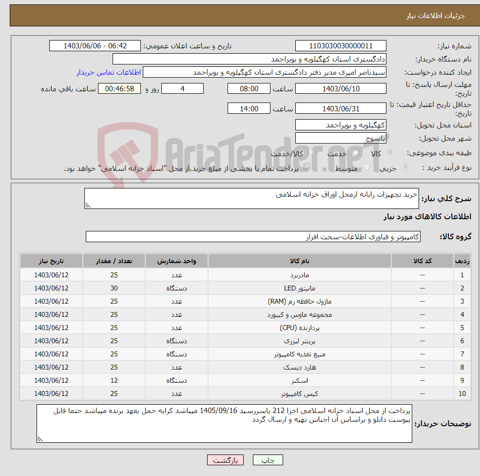 تصویر کوچک آگهی نیاز انتخاب تامین کننده-خرید تجهیزات رایانه ازمحل اوراق خزانه اسلامی 