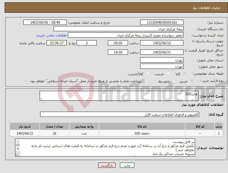 تصویر کوچک آگهی نیاز انتخاب تامین کننده-هاردSSD