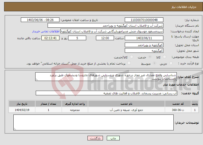 تصویر کوچک آگهی نیاز انتخاب تامین کننده-شناسایی وقطع مصارف غیر مجاز درحوزه شهری وروستایی شهرهای چاروسا ودیشموک طبق برآورد ومشخصات پیوست
