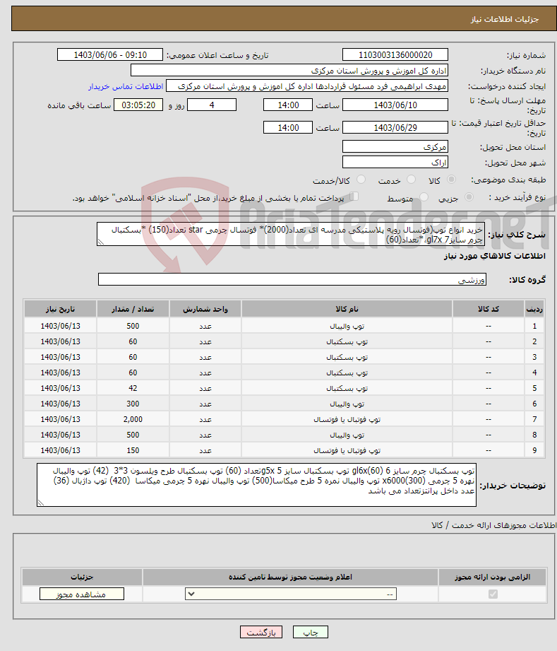 تصویر کوچک آگهی نیاز انتخاب تامین کننده-خرید انواع توپ(فوتسال رویه پلاستیکی مدرسه ای تعداد(2000)* فوتسال چرمی star تعداد(150) *بسکتبال چرم سایز7 gl7x،*تعداد(60)